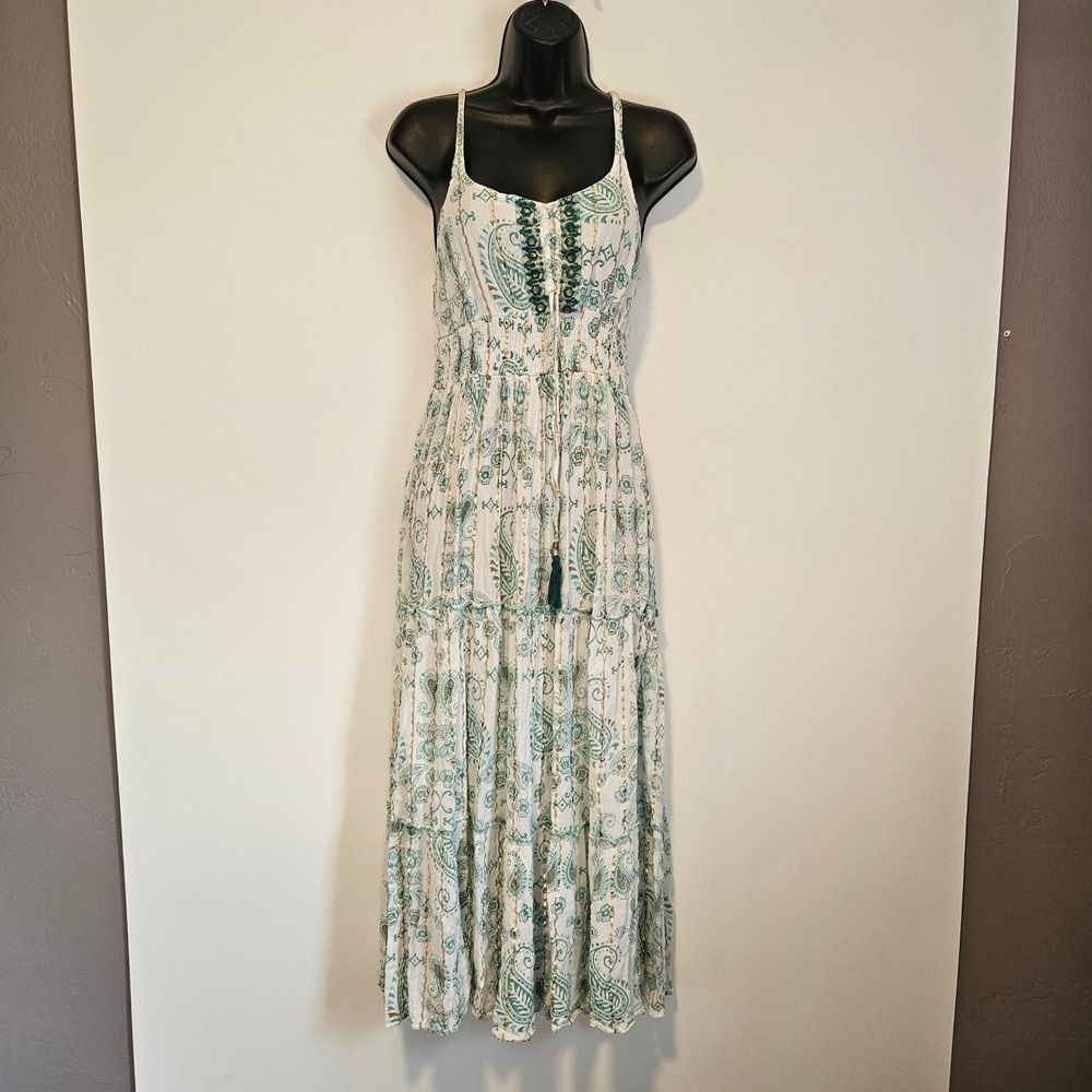 Me2Magic Maxi Dress Medium Tiered Floral Boho Teal Gold Beach Paisley Resort